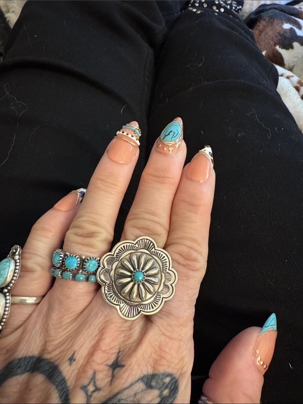 Concho Turquoise 925 Silver Floral Statement Ring - Women's Jewelry